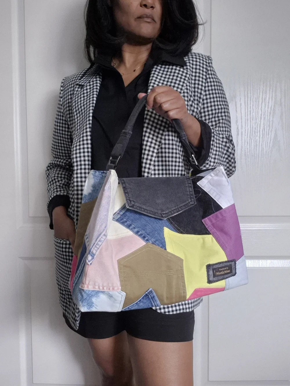 Multicolor Denim Patchwork Satchel/Tote Bag